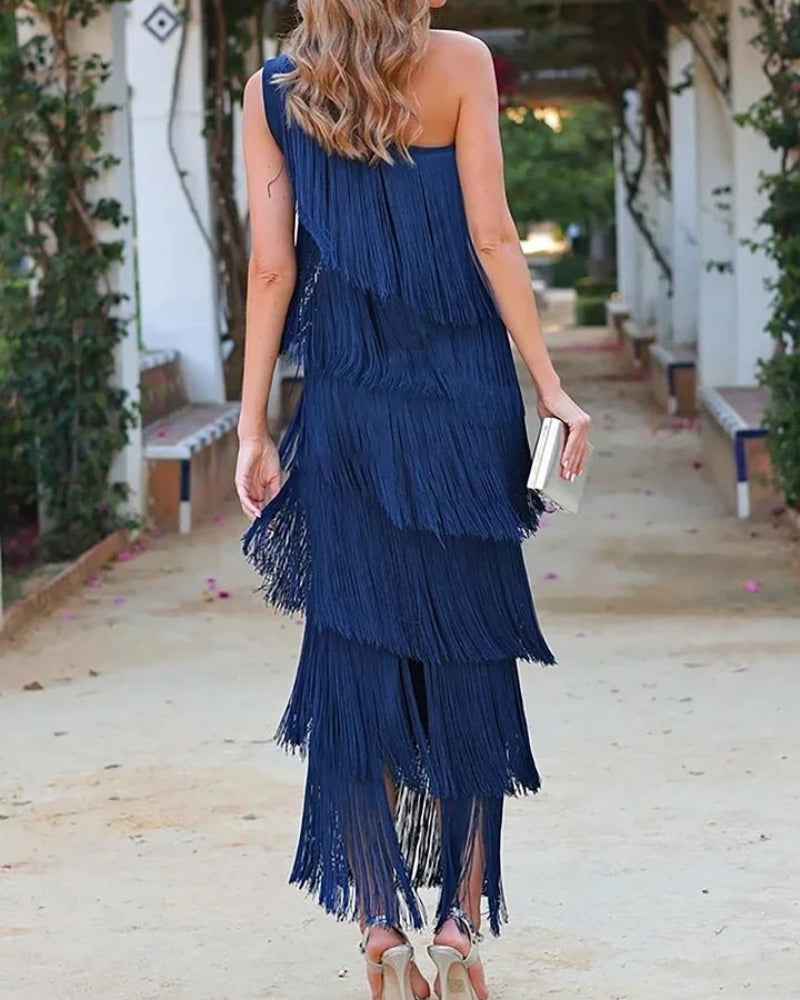 One-Shoulder-Kleid mit Fransen | Fließender Schnitt | Glamouröser Abend-Look