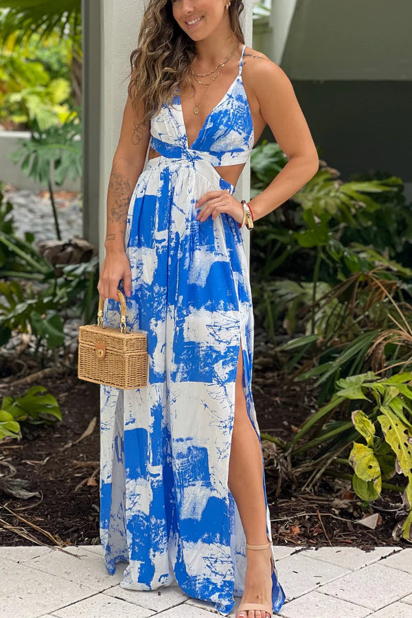 Vanesa® | Weiß-blau bedrucktes Maxikleid mit Ausschnitten