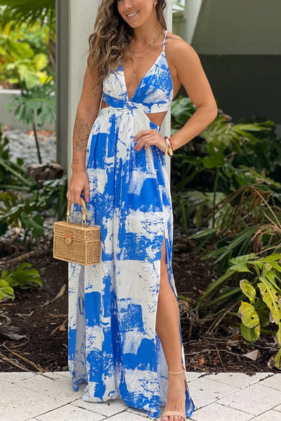 Vanesa® | Weiß-blau bedrucktes Maxikleid mit Ausschnitten