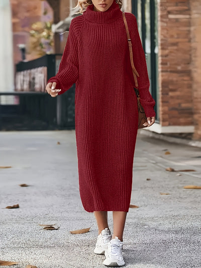 Damen Strickkleid Rollkragen | Langarm und Midi-Länge