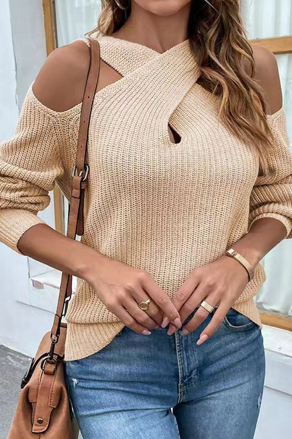 Marlene® | Einfarbiger, schulterfreier Pullover mit Neckholder und Laternenärmeln