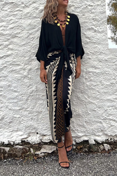 Gabriela® | Geraffter Wickel-Maxirock mit Ethno-Print und hoher Taille
