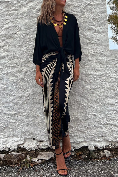 Gabriela® | Geraffter Wickel-Maxirock mit Ethno-Print und hoher Taille