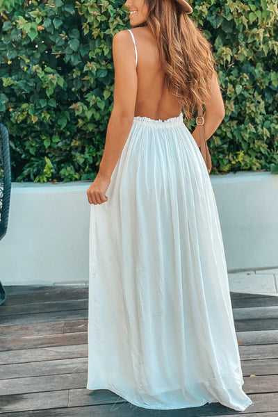 Amparo® | Off-White-Maxikleid mit offenem Rücken und ausgefranstem Saum