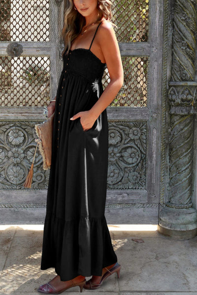 Penélope® | Schwarzes Maxikleid mit gesmokten Knöpfen und Spaghettiträgern