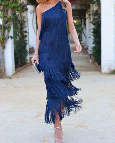 One-Shoulder-Kleid mit Fransen | Fließender Schnitt | Glamouröser Abend-Look