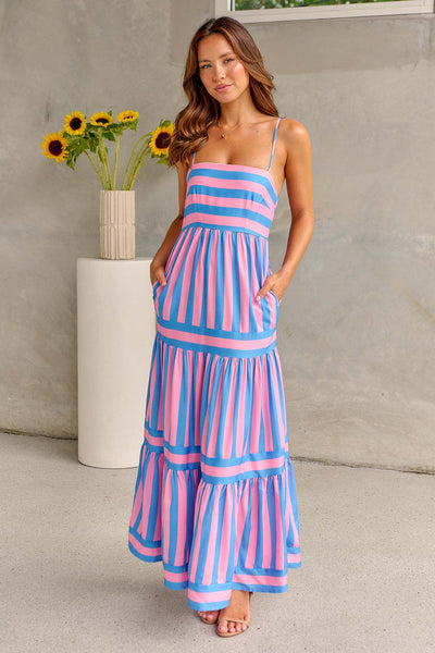 Maxikleid mit Spaghettiträgern | Gestreiftes Muster | Luftiger Sommerstil