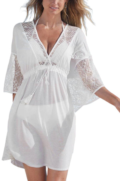 Katia® | Weißer Strandüberzug mit Kimono-Ärmeln, Quasten und Kordelzug und Spitzenbesatz