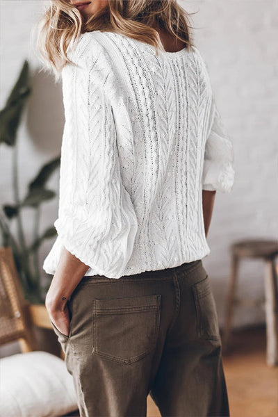 Marian® | Weißer, einfarbiger Cardigan mit Zopfmuster und V-Ausschnitt und Puffärmeln