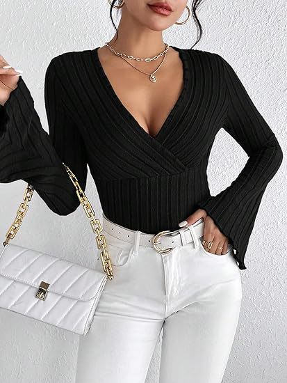 Josien | Flared V-neck Ribbed Langarmshirt