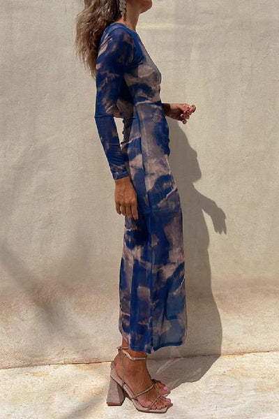 Taylor® | Charm Lady Mesh Overlay Tie Dye Print Langarm gerafftes Stretch-Midikleid