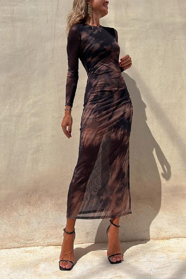 Taylor® | Charm Lady Mesh Overlay Tie Dye Print Langarm gerafftes Stretch-Midikleid