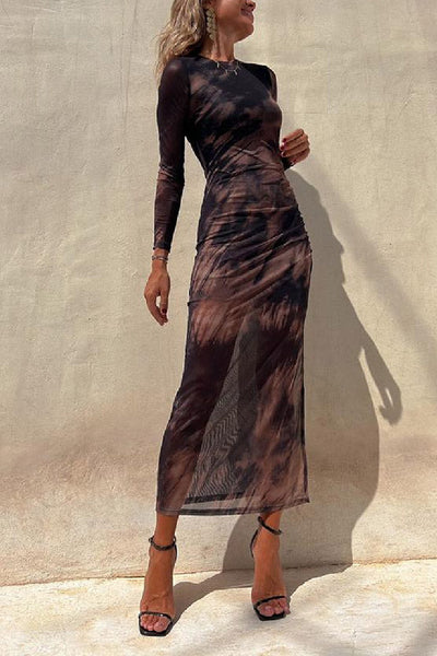 Taylor® | Charm Lady Mesh Overlay Tie Dye Print Langarm gerafftes Stretch-Midikleid
