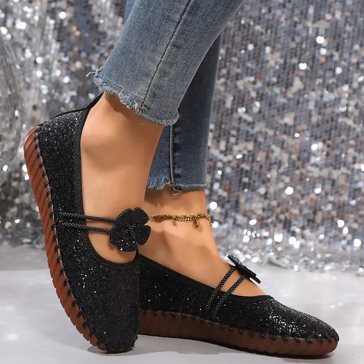 Glitzer-Ballerinas mit Blume | Elastikriemen | Funkelnd & Verspielt