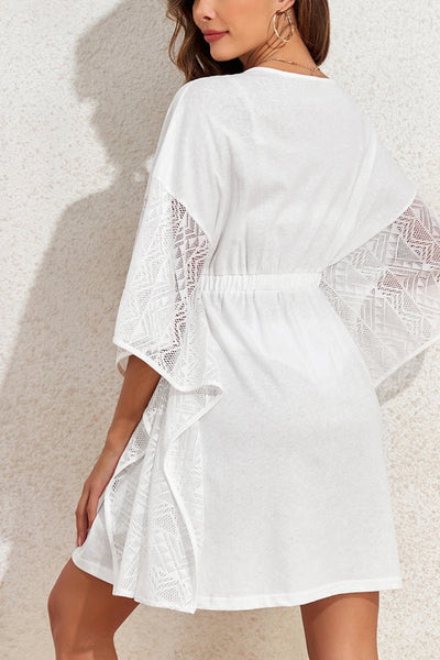 Katia® | Weißer Strandüberzug mit Kimono-Ärmeln, Quasten und Kordelzug und Spitzenbesatz
