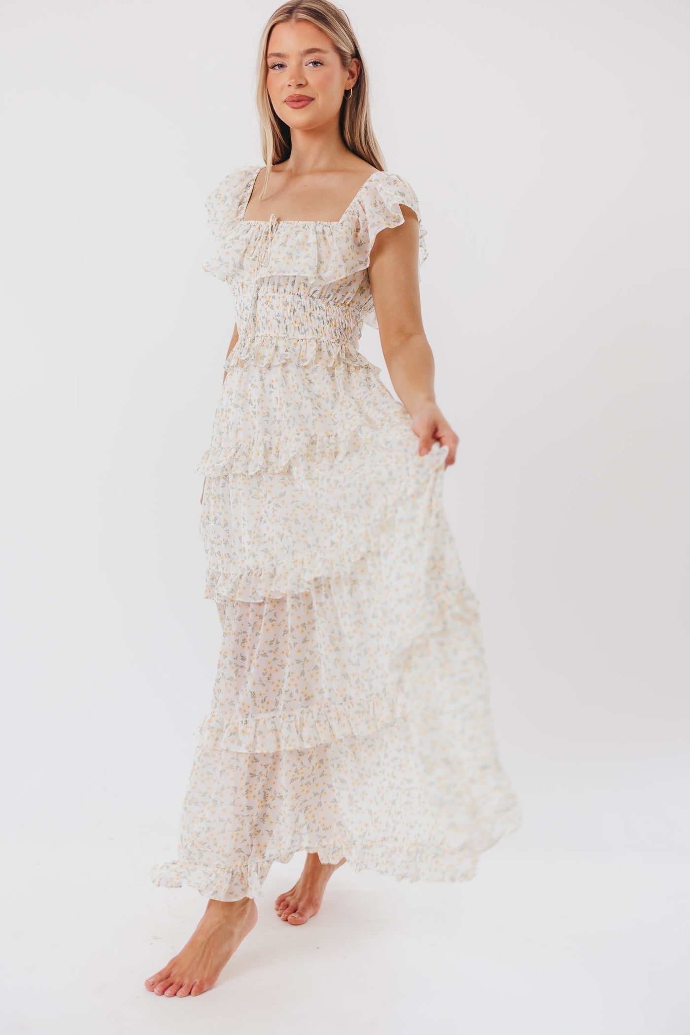 Astrid Maxikleid mit Rüschendetail in gelbem Blumenmuster – stoßfreundlich (geringer Lagerbestand)