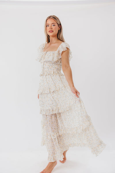 Astrid Maxikleid mit Rüschendetail in gelbem Blumenmuster – stoßfreundlich (geringer Lagerbestand)