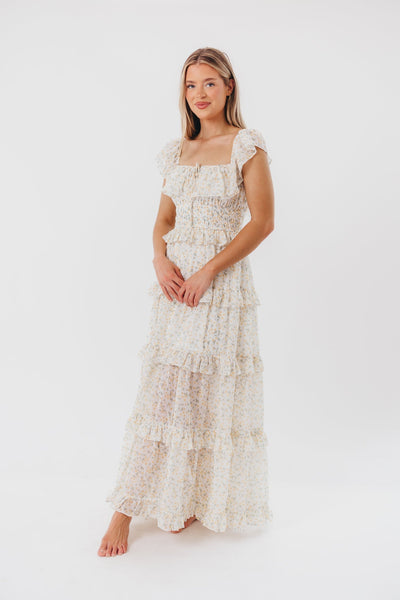 Astrid Maxikleid mit Rüschendetail in gelbem Blumenmuster – stoßfreundlich (geringer Lagerbestand)