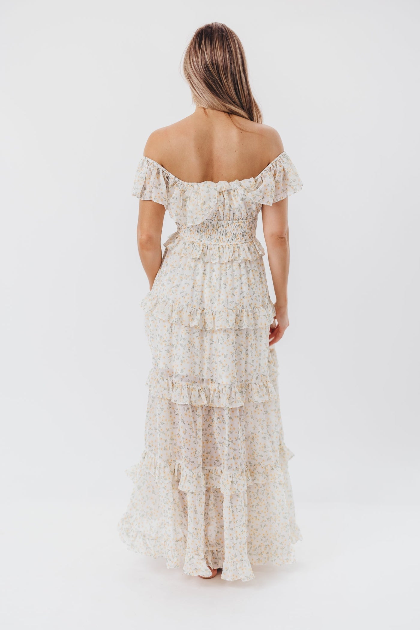 Astrid Maxikleid mit Rüschendetail in gelbem Blumenmuster – stoßfreundlich (geringer Lagerbestand)