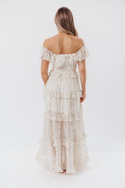 Astrid Maxikleid mit Rüschendetail in gelbem Blumenmuster – stoßfreundlich (geringer Lagerbestand)