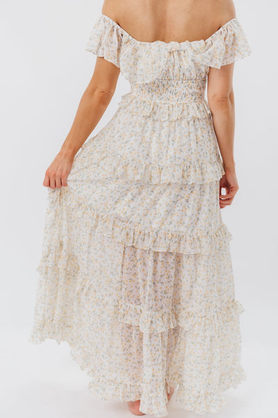 Astrid Maxikleid mit Rüschendetail in gelbem Blumenmuster – stoßfreundlich (geringer Lagerbestand)