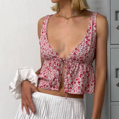 Zenette | Geblümtes Crop Top mit tiefem V-Ausschnitt und Knopfleiste