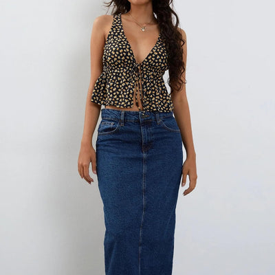 Zenette | Geblümtes Crop Top mit tiefem V-Ausschnitt und Knopfleiste