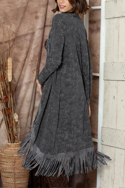 Malaya® | Lange Strickjacke mit mineralgewaschener Quaste und offener Vorderseite