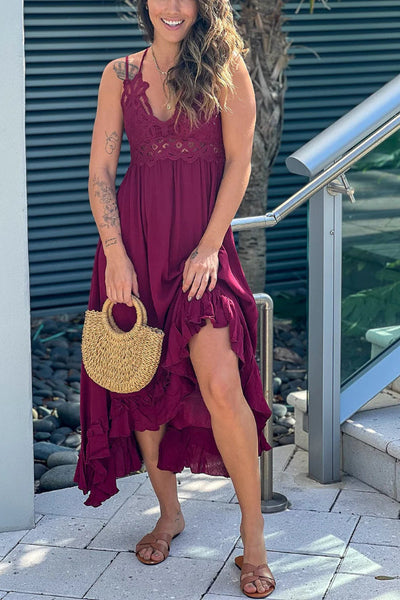 Verónica® | Granatrotes Häkeloberteil-High-Low-Kleid