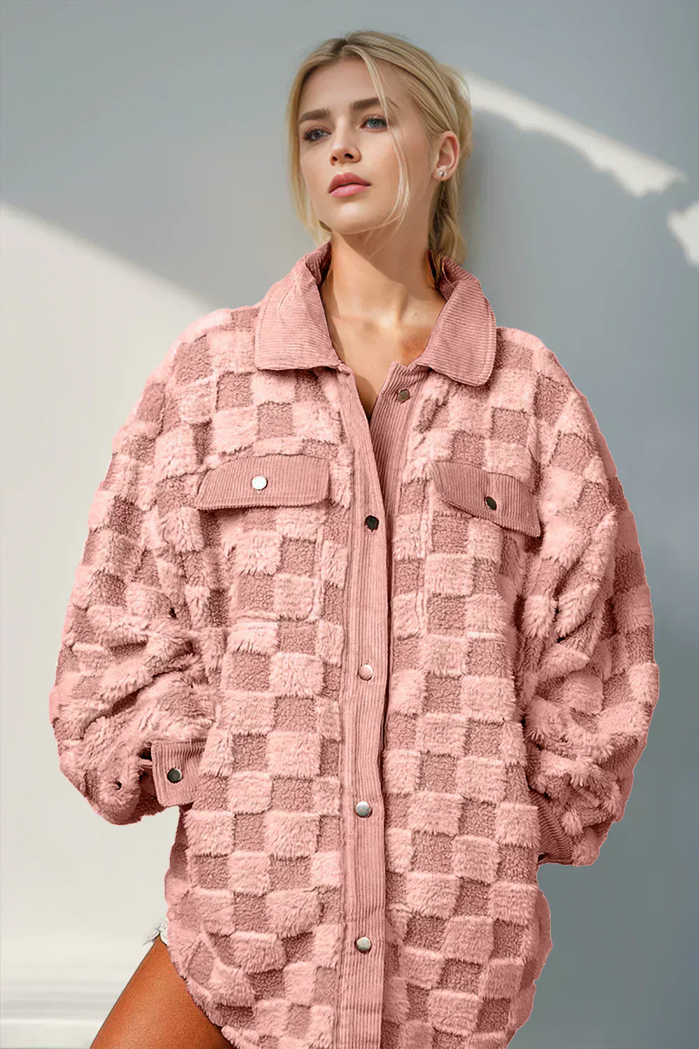 Karierte Teddyjacke | Oversize Fit | Druckknopfverschluss