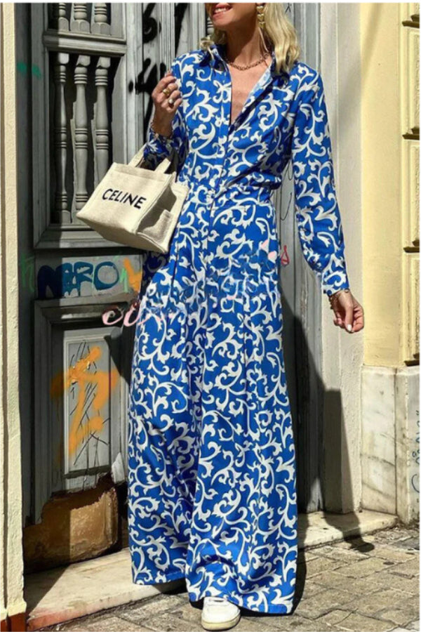 Luisa® | Langärmliges Hemd-Maxikleid mit Ethno-Print, Reversknopftasche und Hemd
