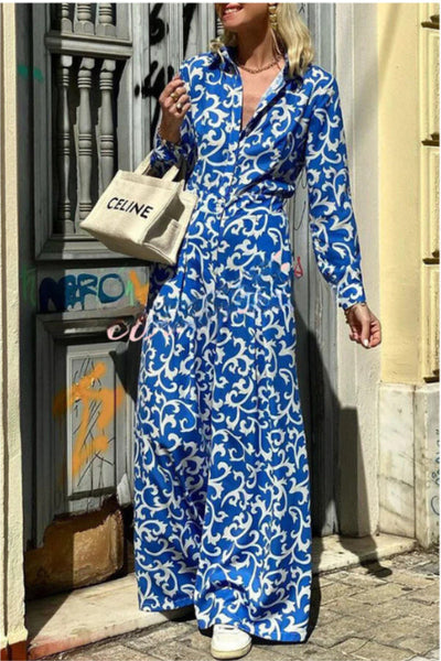 Luisa® | Langärmliges Hemd-Maxikleid mit Ethno-Print, Reversknopftasche und Hemd