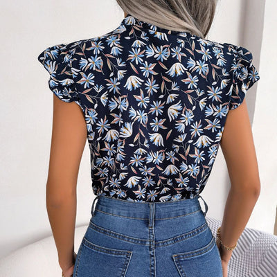 Vacation | Bluse mit Blumenmuster, Rüschenärmeln und Schnürkragen für Damen