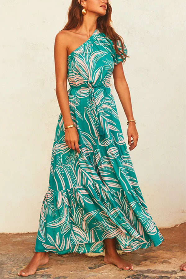 Juana® | Fließendes, bedrucktes Maxikleid mit einer Schulter und Kordelzug an der Taille