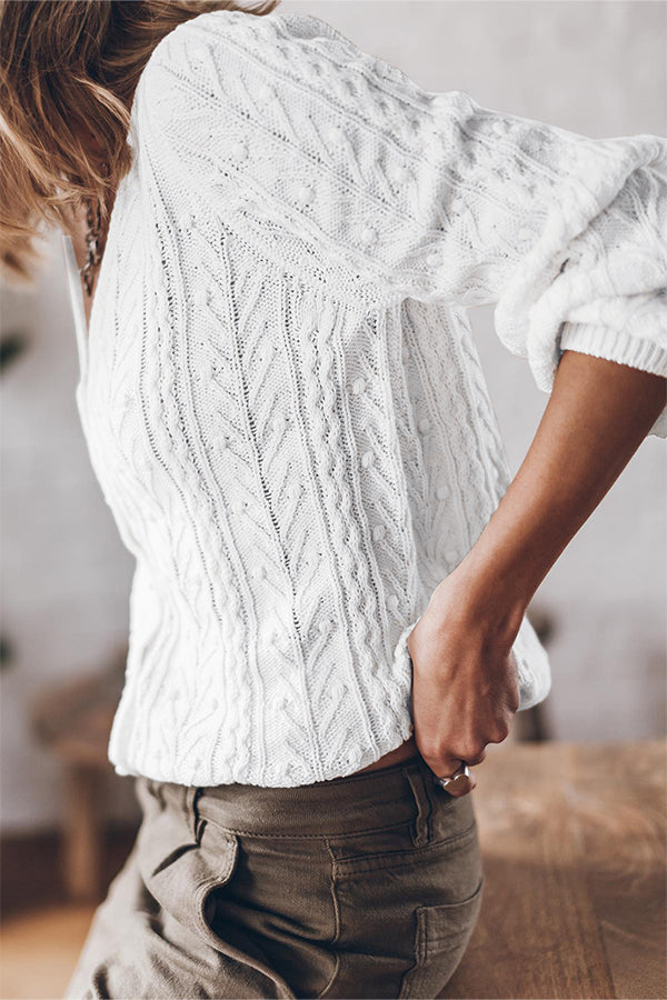 Marian® | Weißer, einfarbiger Cardigan mit Zopfmuster und V-Ausschnitt und Puffärmeln