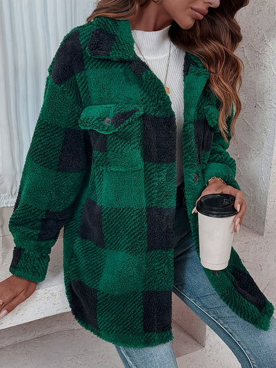 Damen-Freizeitjacke aus Fleece | Karomuster mit Knopfleiste vorne