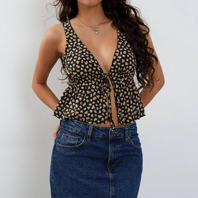 Zenette | Geblümtes Crop Top mit tiefem V-Ausschnitt und Knopfleiste
