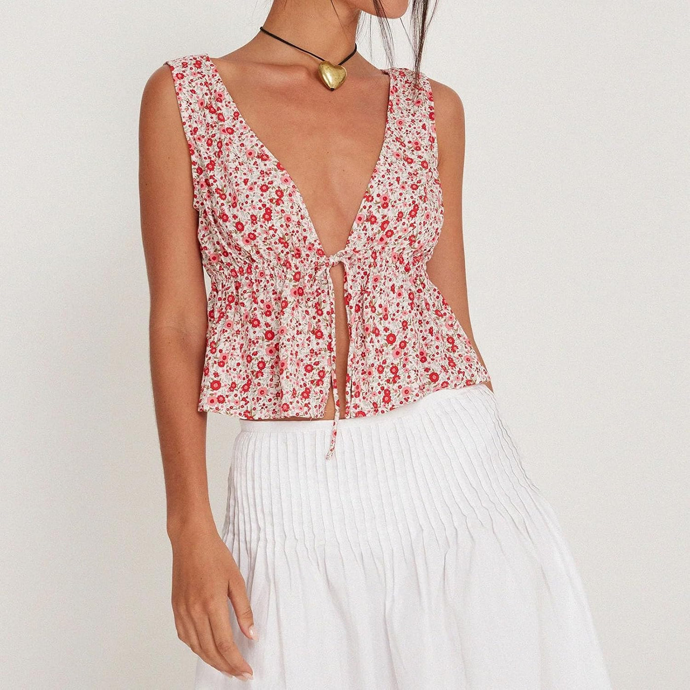 Zenette | Geblümtes Crop Top mit tiefem V-Ausschnitt und Knopfleiste
