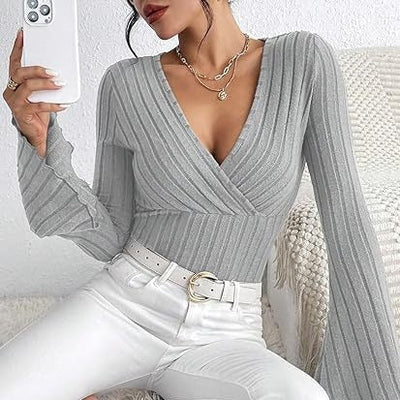 Josien | Flared V-neck Ribbed Langarmshirt