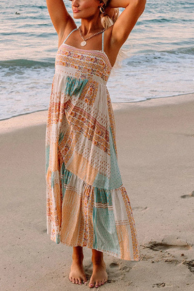 Thalía® | Mehrfarbiges Sommerkleid mit eckigem Ausschnitt im Boho-Patchwork-Print