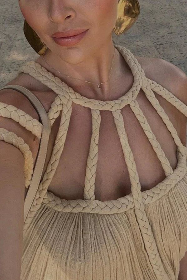 Barbara® | Modernes und raffiniertes Maxikleid mit drapierten Zöpfen aus Leinenmischung