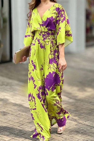 Eva® | Stretch-Maxi-Jumpsuit mit hohem Bund und Blumendruck und Ärmeln