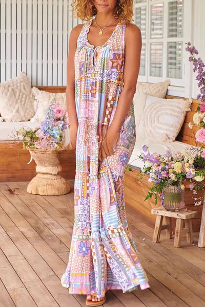Cinthia® | Langes Kleid mit Blumenpuzzle und Rundhalsausschnitt