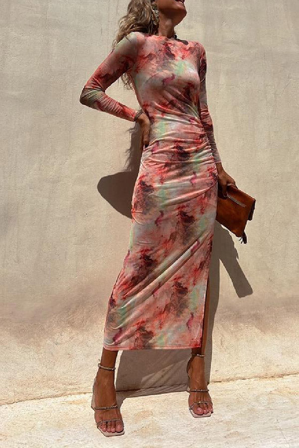 Taylor® | Charm Lady Mesh Overlay Tie Dye Print Langarm gerafftes Stretch-Midikleid