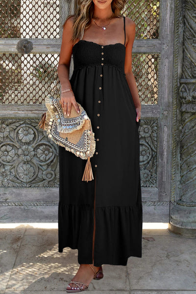 Penélope® | Schwarzes Maxikleid mit gesmokten Knöpfen und Spaghettiträgern