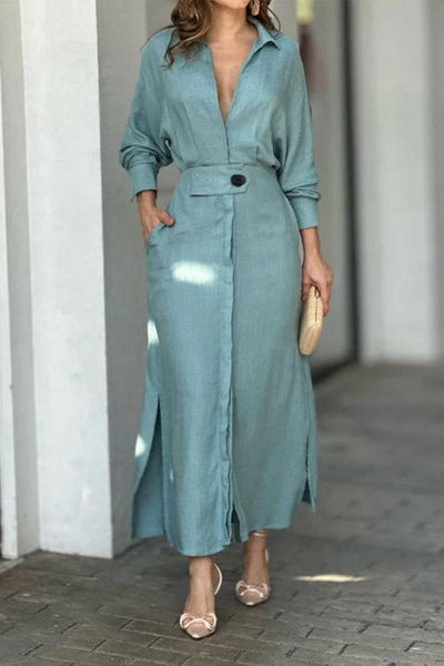 Ruby® | Midikleid mit durchgehenden Ärmeln, V-Ausschnitt, Gürtel und Knopftasche
