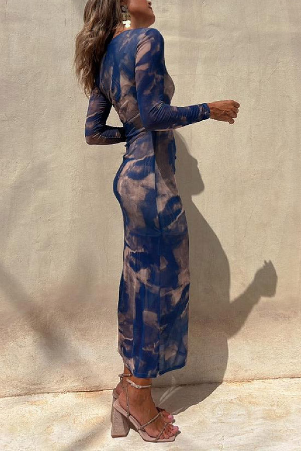 Taylor® | Charm Lady Mesh Overlay Tie Dye Print Langarm gerafftes Stretch-Midikleid