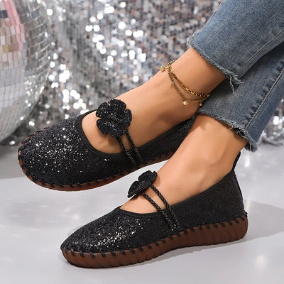 Glitzer-Ballerinas mit Blume | Elastikriemen | Funkelnd & Verspielt