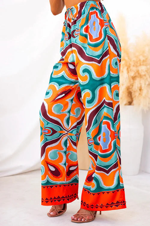 Consuelo® | Satin-Hose mit weitem Bein und Ethno-Abstraktdruck aus Satin mit elastischem Bund und Taschen