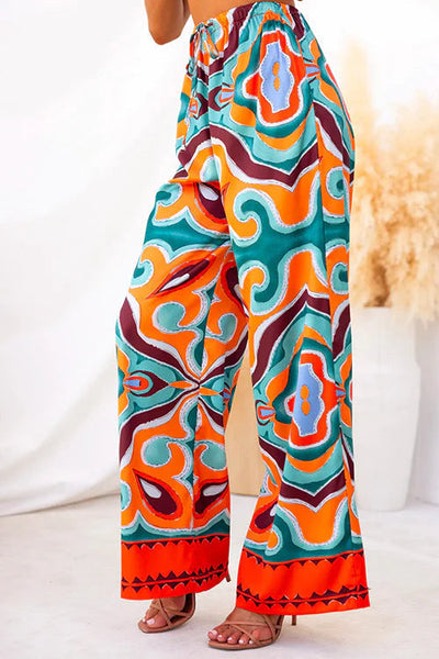 Consuelo® | Satin-Hose mit weitem Bein und Ethno-Abstraktdruck aus Satin mit elastischem Bund und Taschen